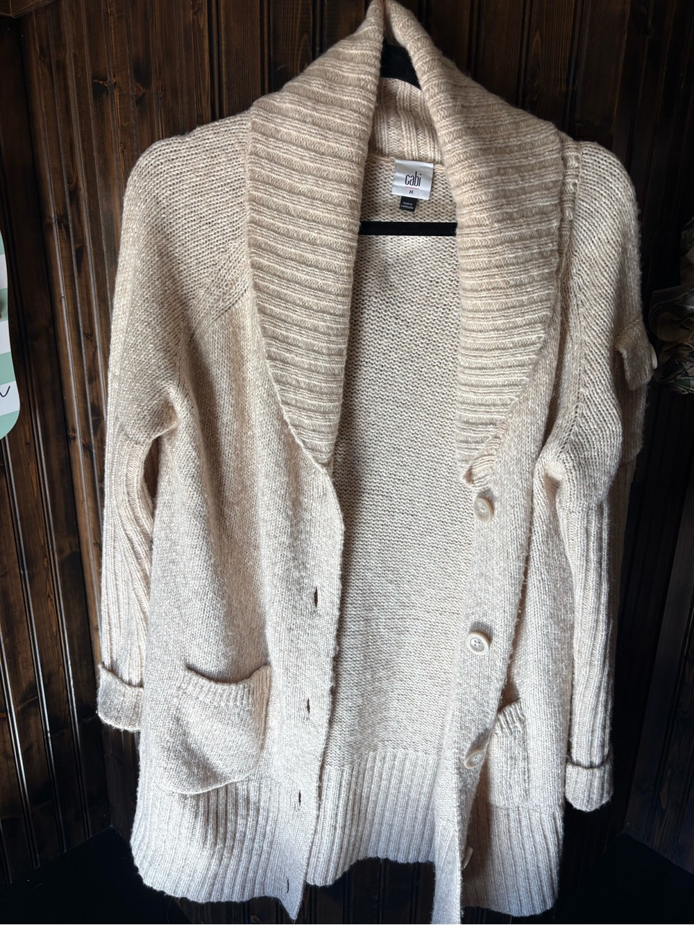 CAbi Steady Cardigan Sweater Oatmeal Shawl Collar Size M